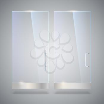 Glass door with reflection and shadows, isolated on grey background. Vector 3D illustration. Transparent glass door, for shop, mall, transparent boutique door, office glass door with metal handles.
