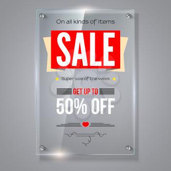 Fifty percent holiday discounts. Iformation on transparent vector glass plate. Calligraphic text on vertical selling ad banner. See through the 3D illustration, photo realistic texture.