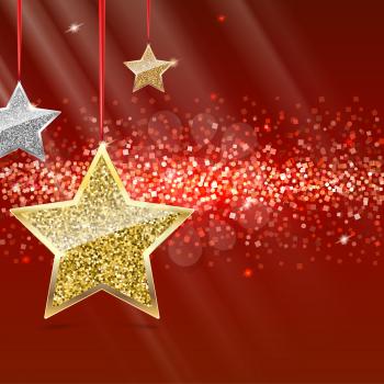 Glitter background with ilver and gold hanging stars. Merry Christmas and Happy New Year background. Template for vip banners or card, exclusive certificate, luxury voucher