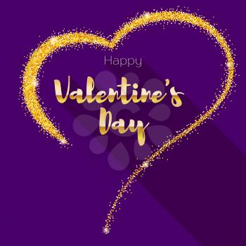 Greeting card with hand-drawn heart. Golden heart from sand, stardust with glitter. Poster for Valentine s day for your loved ones.