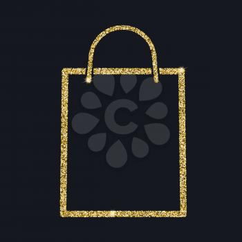 Shopping bag icon with glitter effect, isolated on black background. Outline icon of paper bag, vector pictogram. Symbol from golden particles dust.
