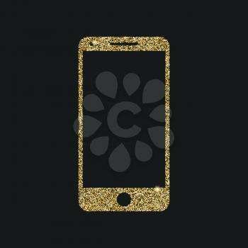 Mobile phone icon with glitter effect, isolated on black background. Outline icon, vector pictogram. Symbol of smartphone from golden particles dust.