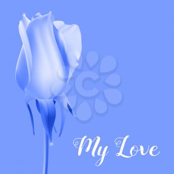 Realistic rose Bud with stem and leaves. Monochrome postcard blue, close-up the flower Bud of the rose. The symbol of romance and love, a template for a greeting card, 3D illustration.