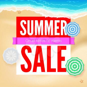 Summer sale, selling ad banner. Text design with sun umbrellas. Summer vacation discounts, sale background of the sandy beach and the sea shore. Template for online shopping, advertising actions.