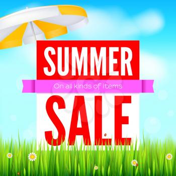 Sale an all kinds of items. Summer hot discounts. Selling ad banner. Sun summer background with sun umbrella green field, white clouds and blue sky. Template for shopping, advertising.