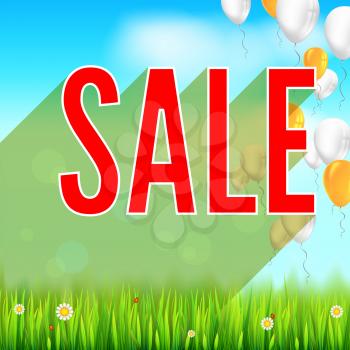 Summer selling ad banner with an inflatable colored balloons. Discount, sale background, yellow sun, green field, white clouds and blue sky. Template for shopping, advertising.