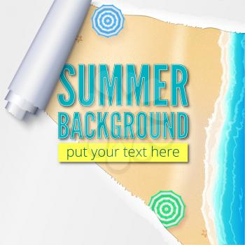 Summer beach with sand, surf and beach umbrellas. Background with torn and twisted paper. Blank advertising poster.