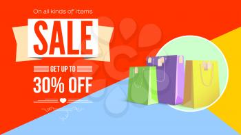 Summer sale flat design poster. Selling ad banner on tricolor flat background with shopping bags. Summer super vacation discounts. Summer sale horizontal background.