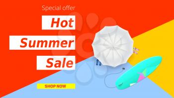 Hot summer super sale. Selling ad banner. Hot summer super vacation discounts. Sun umbrella, surfboard on flat design poster. Sign of the vacation rest. Summer sale horizontal background.