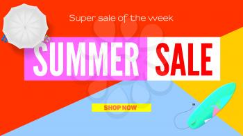 Summer super sale. Selling ad banner. Summer super vacation discounts. Sun umbrella, surfboard on flat design poster. Sign of the vacation rest. Summer sale horizontal background.