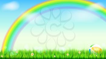 Summer background. Big bright rainbow above green field. Juicy grass, daisy flowers, ladybugs in grass on backdrop from blue sky with clouds. Landscape for design of banner, leaflet, card, ad poster.
