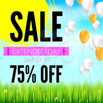 Summer selling ad banner with an inflatable colored balloons. Seventy five percent discounts, sale background, yellow sun, green field, white clouds and blue sky. Template for shopping, advertising.