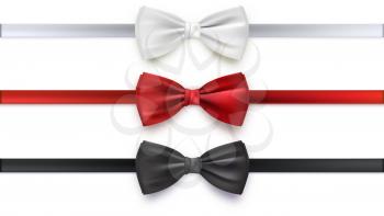 Realistic white, black and red bow tie, vector illustration, isolated on white background. Elegant silk neck bow.