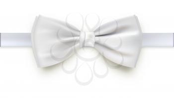 Realistic white bow tie, vector illustration, isolated on white background. Elegant silk neck bow.