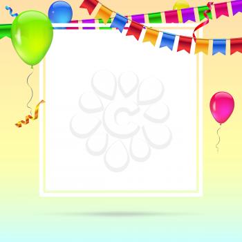 Celebrate colorful background. Template for greetings or birthday card, invitation with hanging garlands of colored flags and streamers and place for your text