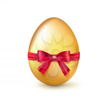 Golden egg, Realistic Ester egg with red ribbon and bow vector illustration. Party invitation template on white background.