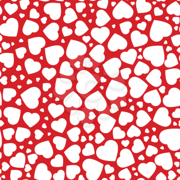 Heart, seamless pattern of the icons of hearts in different sizes. Background from flat white heart on red background, template for greetings cards.