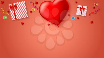 Red inflatable balloon in the shape of a heart with gift boxes, candles, tinsel and confetti on colored background. Template for creative persons. Best background for holiday, festive greetings cards.