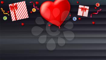 Red inflatable balloon in the shape of a heart with gift boxes, candles, tinsel and confetti on wooden background. Template for creative persons. Best background for holiday, festive greetings cards.