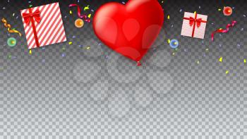 Red inflatable balloon in the shape of a heart with gift boxes, candles, tinsel and confetti on transparent background. Template for creative persons. Background for holiday, festive greetings cards.