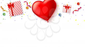 Red inflatable balloon in the shape of a heart with gift boxes, candles, tinsel and confetti on white background. Template for creative persons. Best background for holiday, festive greetings cards.