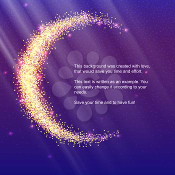 Half of the moon from gold glittering star dust on a colored background. Golden symbol for for flyer, poster or banner. Template with texture for your design or business.