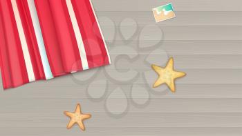 Top view, towel, beach Mat lies on a light wooden background near the starfish and photo. Summer, beach, background with photo, starfishes and copyspace, illustration