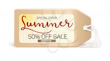 Advertising banner sales with typography. Summer sale 50 percent discount, buy now. Advertising in retro style on the label, tag with the bright sun