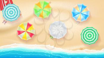 Set of colorful beach sun umbrellas flip-flops and beach Mat on the background of sand near sea surf with beach flip flops and starfish, top view icons. Vector illustration for your poster or covers