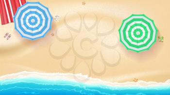 Set of colorful beach sun umbrellas flip-flops and beach Mat on the background of sand near the sea surf with beach flip flops and starfish, top view. Vector illustration for your poster or covers
