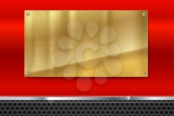 Shiny brushed metal gold, yellow plate with screws. Stainless steel banner on red polished background with metal strip and black mesh, vector illustration for you