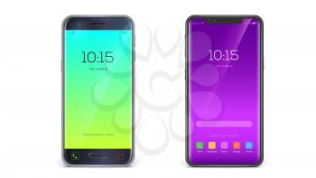 Concept of touch screen smartphones. Different design of body, UI design. Colorful application interface with icons and buttons isolated on white background. Mobile phones, Vector 3d illustration.