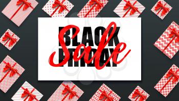 Black Friday. Holiday sale. Decoration elements for retail, shopping, Christmas promotion. Gift boxes, red ribbon and bow on black. Present boxes wrapped in paper with patterns. Vector 3d illustration