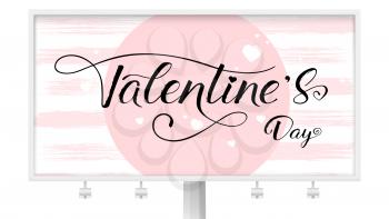 Billboard for St. Valentines day with calligraphy and flying hearts. Card for holiday with handwritten text lettering and brush strokes in pink color. Vector 3d illustration
