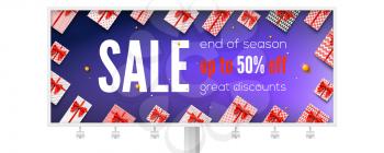 Billboard with ads about holidays sale. Get up to fifty percent discount. View of top on gift boxes wrapped in colored paper with patterns. Shopping action with many presents. Vector 3d illustration