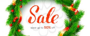 Winter Sale. Up to 50 percent discount. Banner with design of handwritten lettering. Close up fir wreath and ribbon isolated on white background. Vector 3d illustration for holidays discount actions