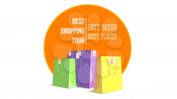 Best shopping tour. Template of design advertising banner, trip for cheap shopping. Big paper bags with tags. Concept of shopping tourism