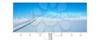 View of the sky and wing of the aircraft from the window. Air transport in the blue clear sky on billboard isolated on white. Time to travel. Realistic vector 3d illustration for travel agency