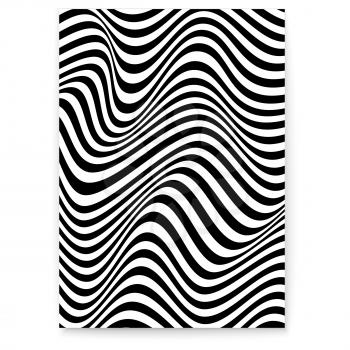 Abstract layout with wavy lines. Twisted hipsters background. Pattern from lines, halftone effect. Black and white modern art texture. Minimalistic design template for poster, banner, cover, postcard