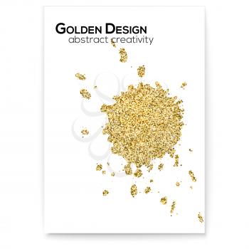 Splashes from ink. Glittering effect, golden dust. Cover with hand drawn textures. Abstract gold shapes, vector art on white background. Use for posters, invitations, placards, brochures, flyers