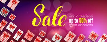 Sale. Gift boxes with red ribbons and bows. Great discount up to 50 percent off. Handwritten calligraphic lettering for holidays. Vector illustration for retail, online shopping, discount actions