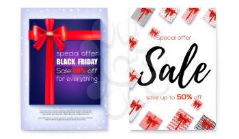 Set of poster for events of sale, price reduction. Black friday. Fifty percent discount. Design of lettering. Top view on gift boxes wrapped in paper with patterns and red bows. Vector concept.