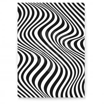 Layout with wavy lines. Abstract twisted duotone background. Pattern from lines, halftone effect. Black and white modern texture. Minimalistic design template for poster, banner, cover, postcard
