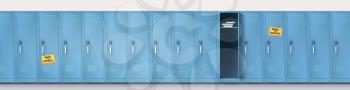 Welcome back to school. Long line of blue cupboards with combination lock and handles. Set of realistic school locker, metal cabinets with closed and open doors. Vector template, 3d illustration