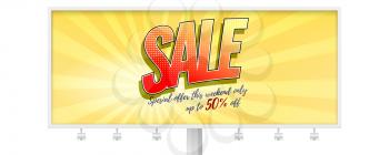 Sale. Billboard in style of Pop art comics book. Price reduction advertising signboard. Sale, retro poster with halftone dots and handwritten commercial offer. Vector template for ad, covers