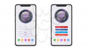 UI design, registration and enter page. Screen of modern apps with access via password, safe lock. Concept of touch screen smartphone isolated on white. Mobile phone, vector 3d illustration