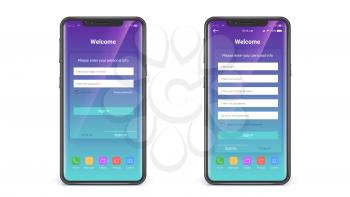 UI design, registration and enter page. Screen of modern apps. Concept of touch screen smartphone isolated on white background. Mobile phone wireless communication. Vector 3d illustration