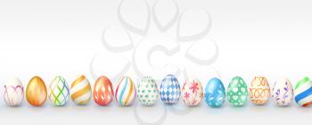 Easter eggs with different handmade paintings. Collection of easter eggs isolated on white background. Decoration for spring celebration. Background for invitation, cover. Vector 3d illustration