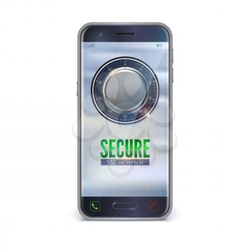 Smartphone, mobile phone isolated. Interface of entrance into the protected area. UI interface of safety deposit box for storing money. Safe lock on metal surface. Vector 3d illustration