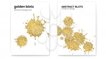 Set of covers with splashes. Hand drawn textures, glittering effect, golden dust. Abstract gold shapes, vector art on white background. Use for posters, invitations, placards, brochures, flyers